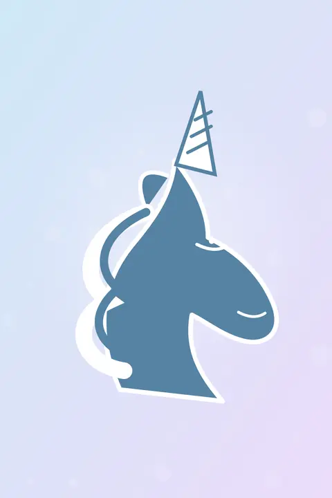 Slate blue unicorn head with a striped horn on a pale blue and lilac gradient