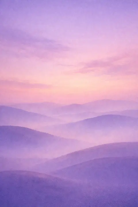 Aesthetic wallpaper of soft lavender haze over minimal hills at dusk