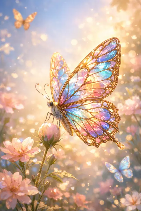 Butterfly wallpaper with translucent stained-glass wings in morning light