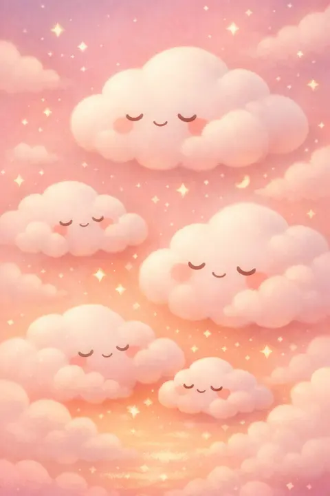 Cute wallpaper of chubby smiling clouds sleeping among tiny stars in soft pastel dawn light