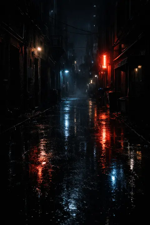 Dark wallpaper of a rainy midnight alley with faint neon reflections