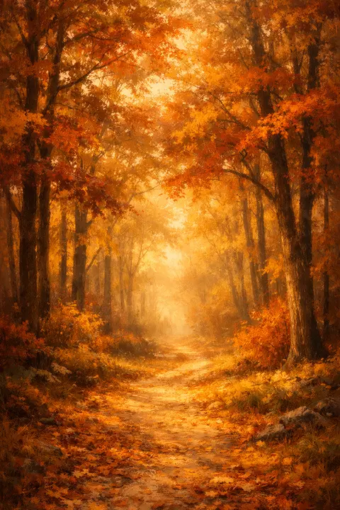 Sunlit autumn forest path under an amber and crimson canopy with golden light through the trees