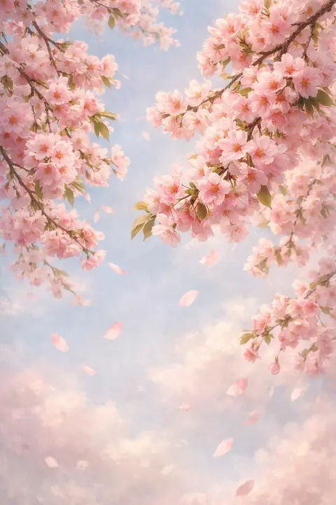 Flower wallpaper of pink cherry blossom branches against a pale spring sky with drifting petals