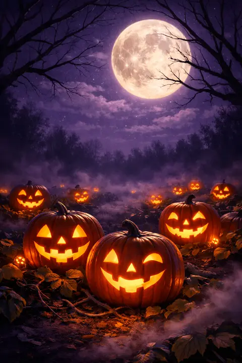 Moonlit pumpkin patch with glowing carved jack-o-lanterns under a deep purple night sky