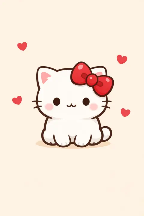 Kawaii cat wallpaper with a chubby white kitten wearing a big red bow on a cream background