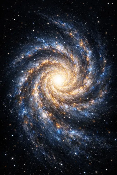 Space wallpaper with a face on spiral galaxy, a bright core and arms of blue and gold dust