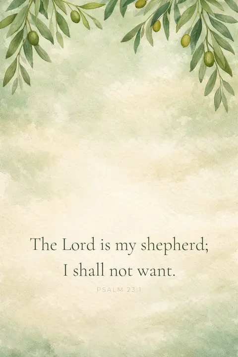 Bible verse wallpaper with Psalm 23:1 in light serif type over a sage green watercolour wash with painted olive branches
