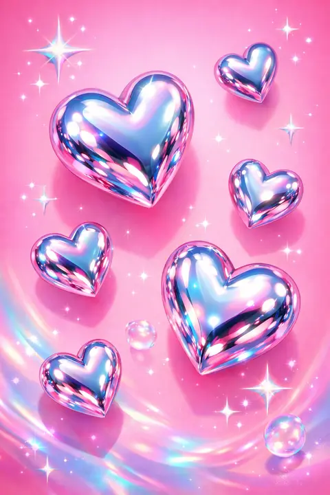Y2K wallpaper of glossy chrome 3D hearts on a bubblegum pink gradient